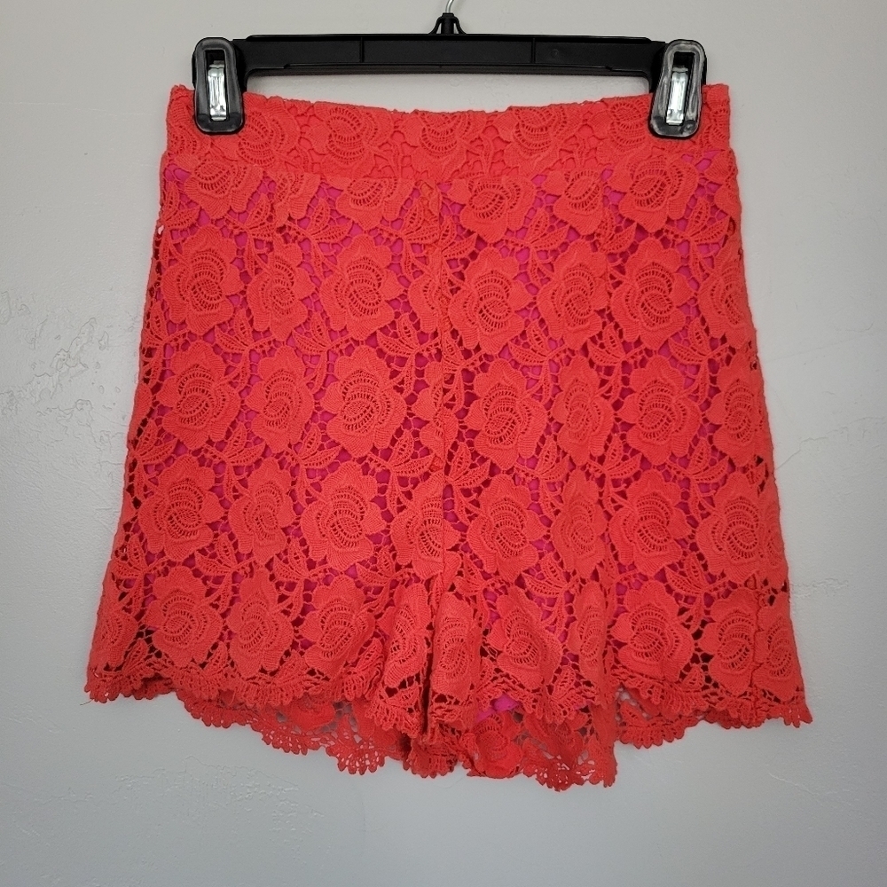 Chelsea & Violet XS Neon Coral Crochet Floral Shorts Stretch Waist High Rise